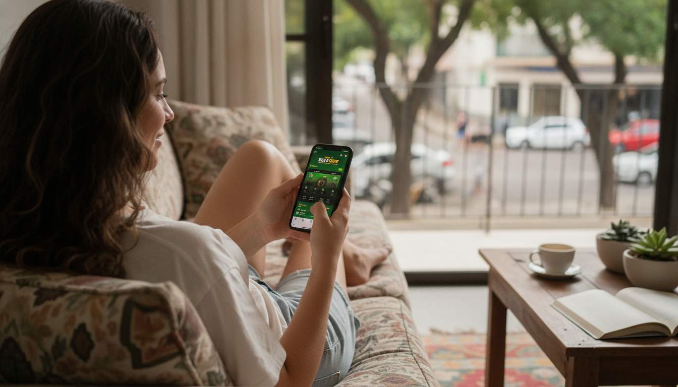 Experiência do Aplicativo Bet da Sorte Mulher usando aplicativo de cassino no celular