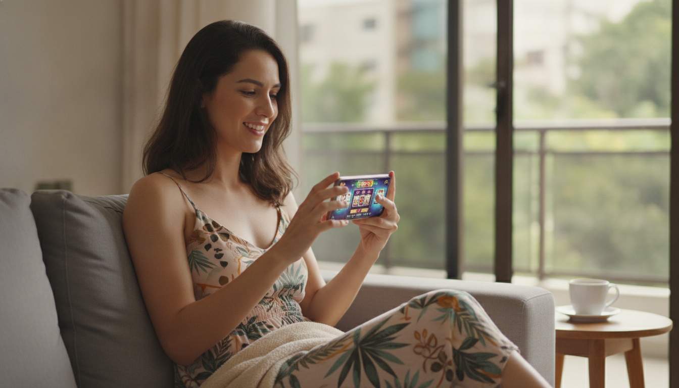 Segurança no Login Mulher brasileira usando um aplicativo de casino