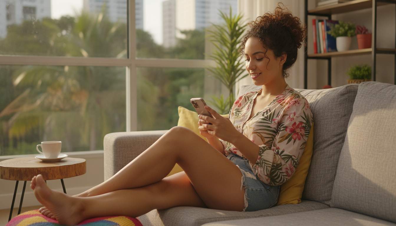 Benefícios do Clube VIP Mulher brasileira sorrindo usando o Bet da Sorte App